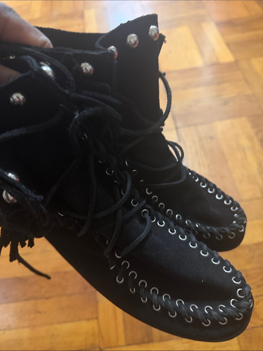 Black Lace-Up Moccasin Boots with Silver Eyelet Detail